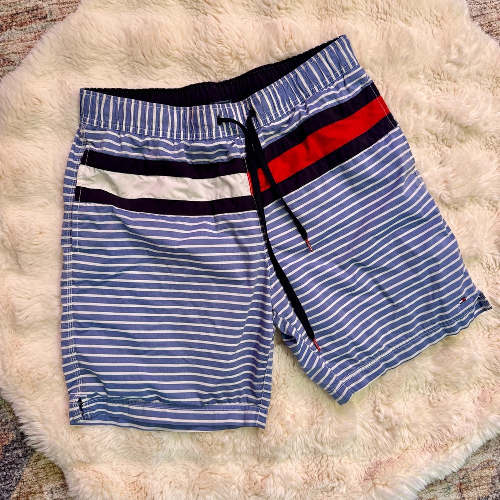 Men’s Tommy Hilfiger Striped Blue Swim Trunks. Medium